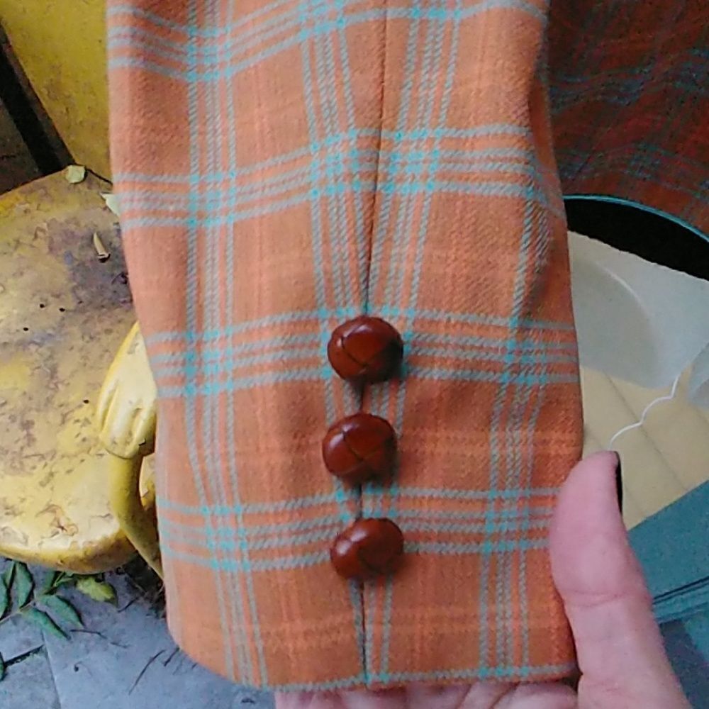Preppy Penguin Salmon Turquoise Plaid Blazer - Picture 3 of 7